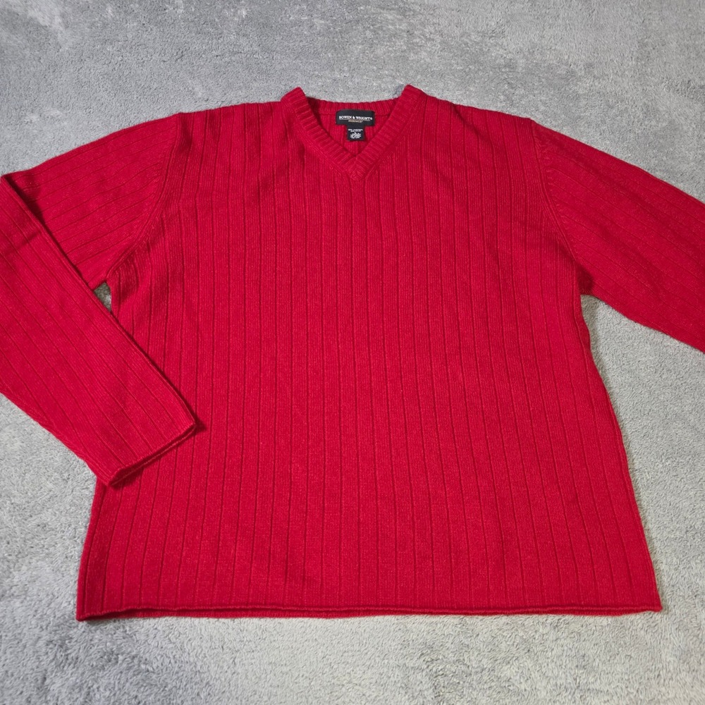 Bowen &‎ Wright Mens Large Sweater Red Lambswool Blend V-Neck Ribbed Pullover